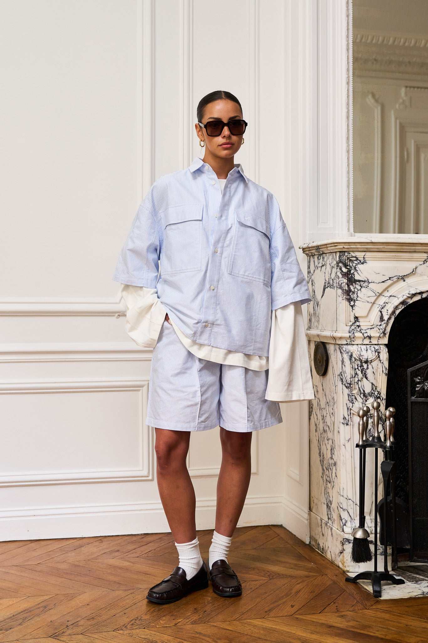 Set Short Oxford organic cotton short-sleeved shirt and pleated boxer shorts matched outfit