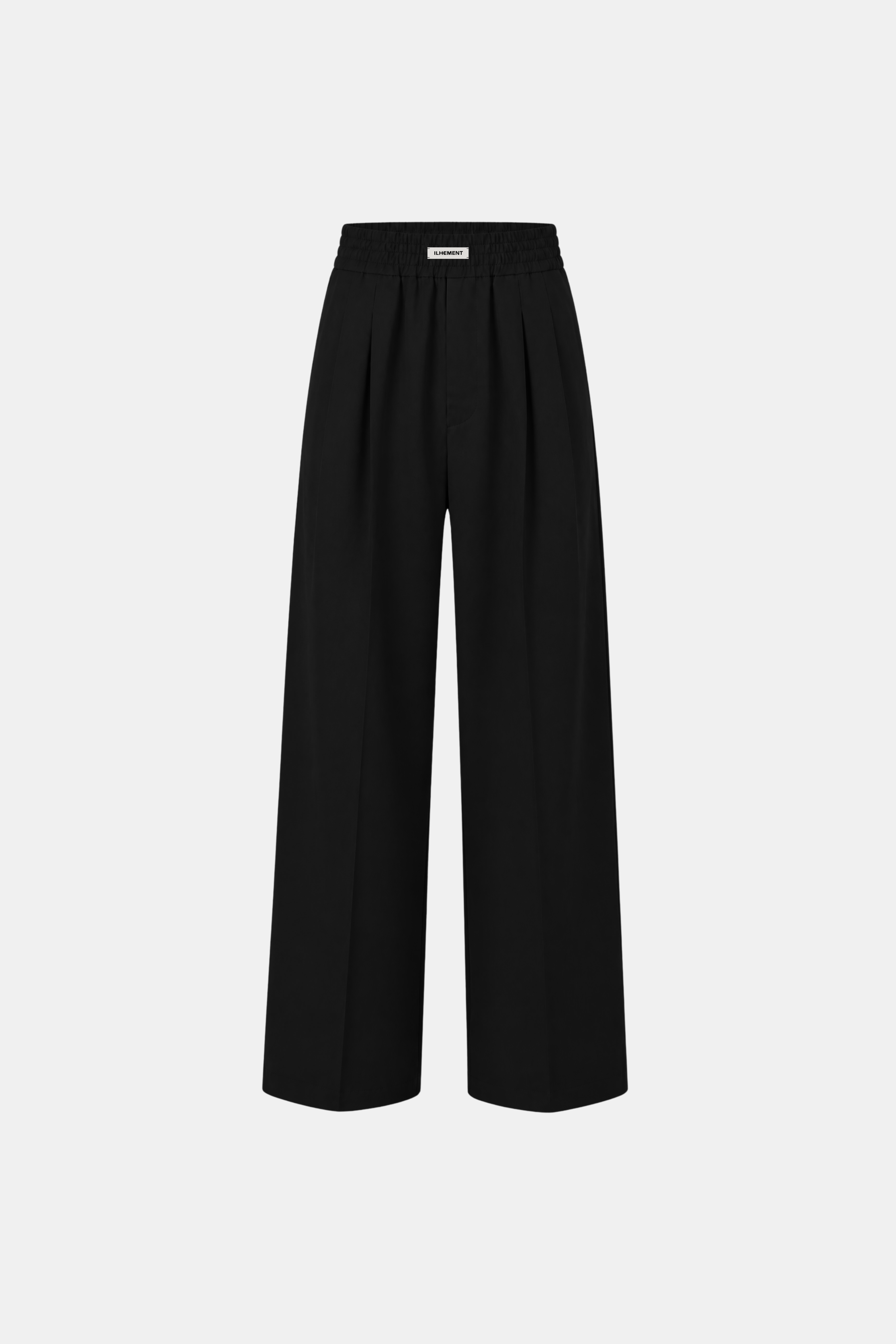 Black wide-leg cropped trousers with a high-waisted, pleated front, shown against a plain light gray background.