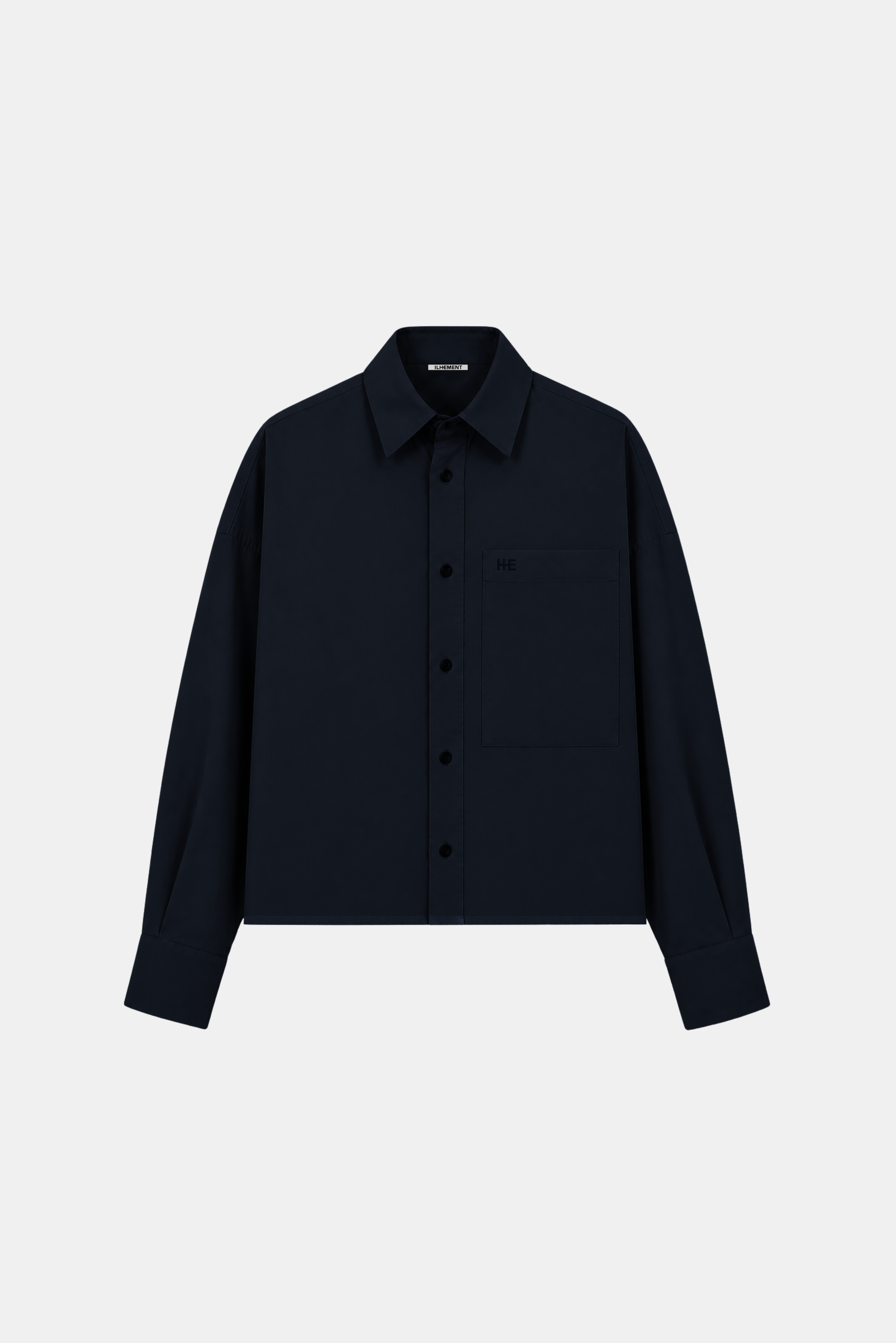 A dark navy long-sleeve button-up shirt jacket with a single chest pocket, displayed flat against a light gray background.