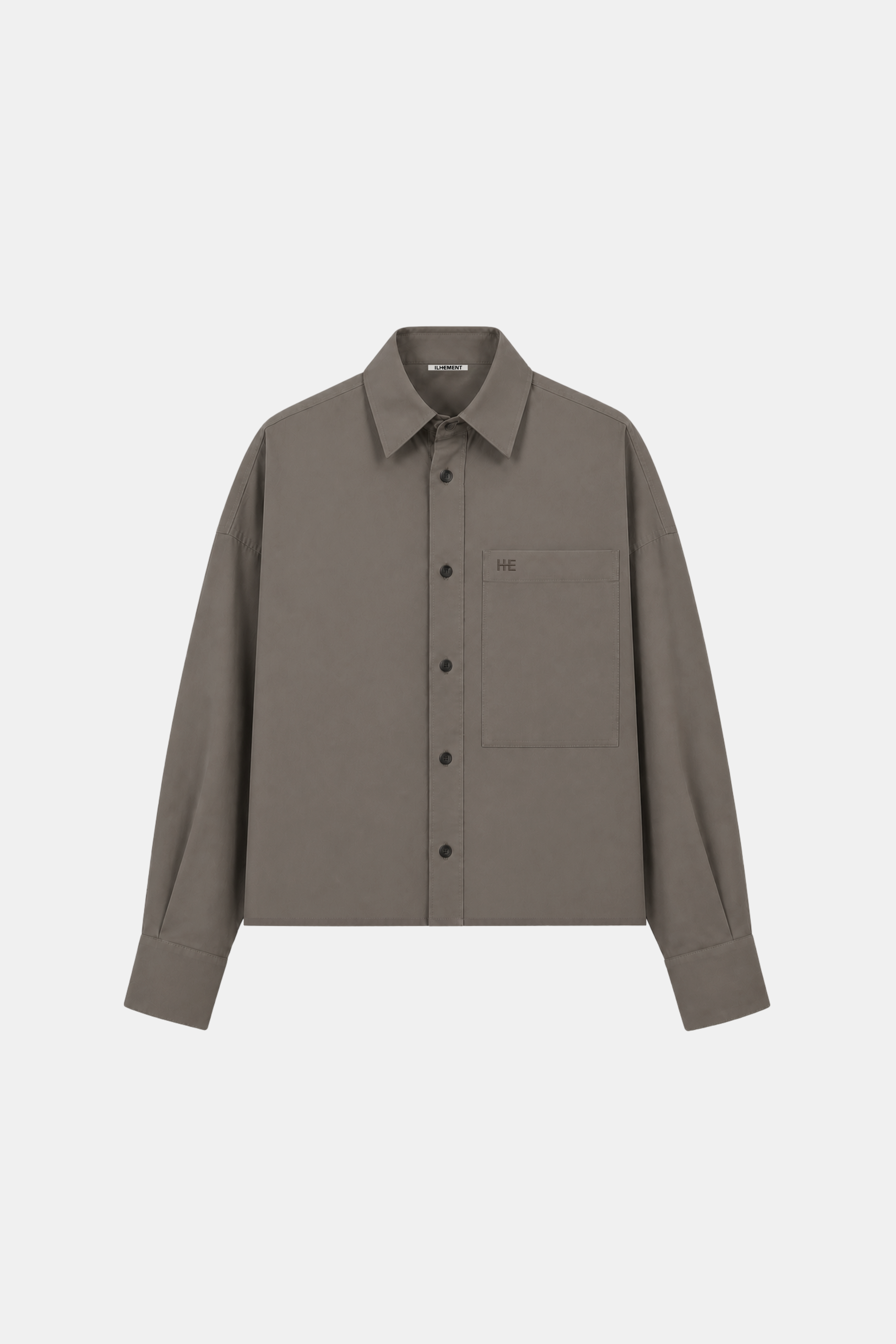 A taupe-brown long-sleeve button-up shirt jacket with a single chest pocket, shown flat against a light gray background.