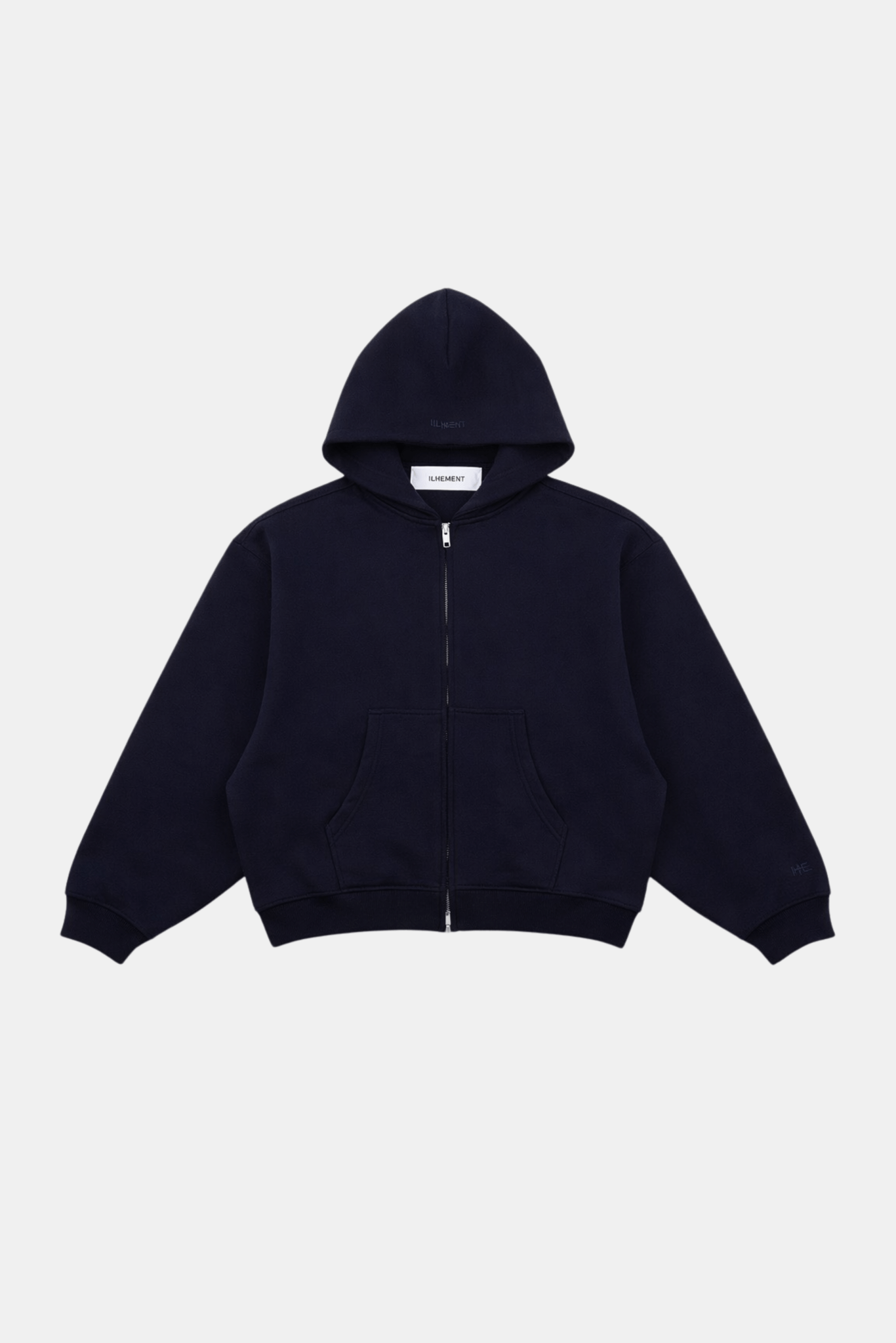 Navy boxy zip hoodie with cropped waist and heavyweight French Terry fabric