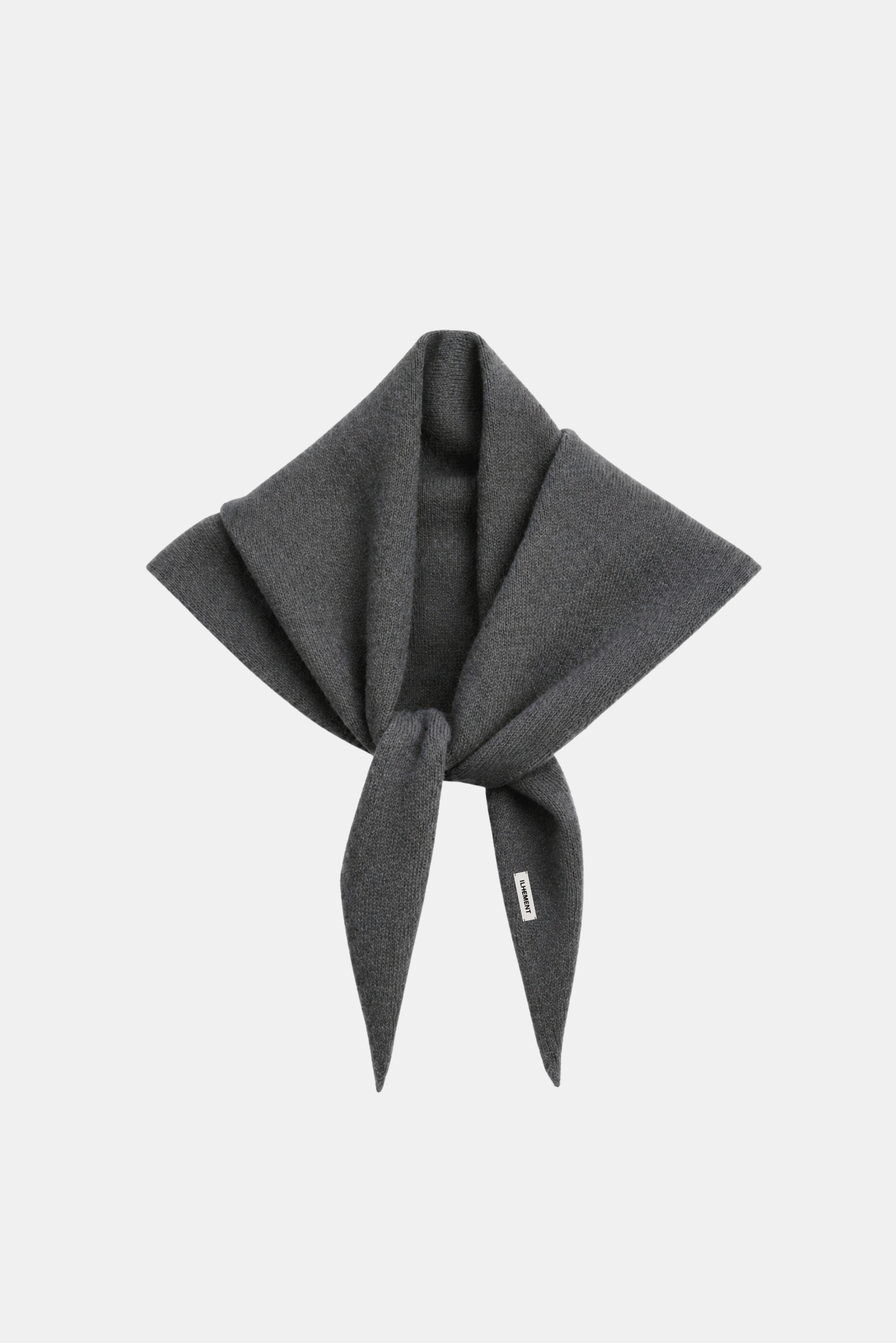 A dark gray textured scarf tied in a knot, displayed against a light gray background.