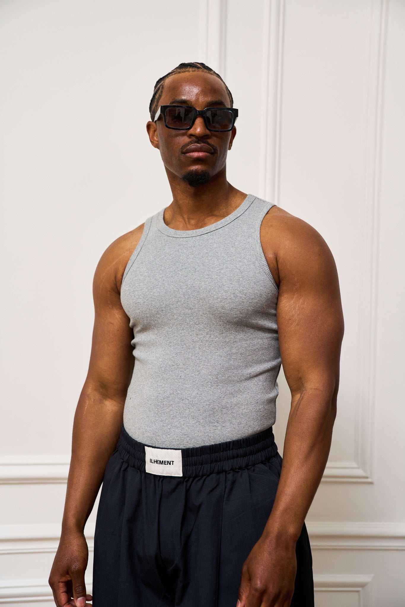 Grey rib tanktop made from stretch cotton blend with clean neckline and rib hems