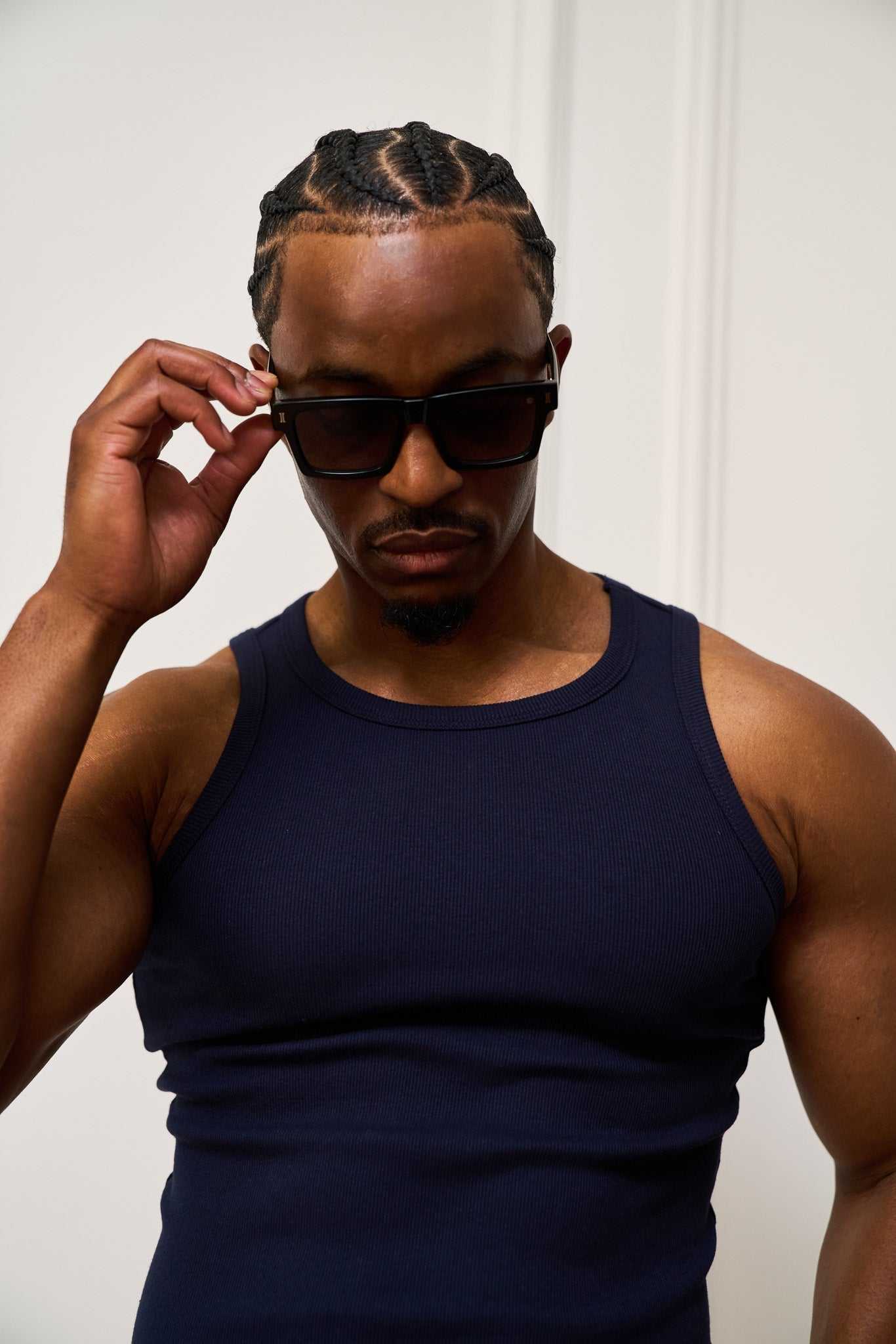 Navy rib tanktop made from stretch cotton blend with clean neckline and rib hems