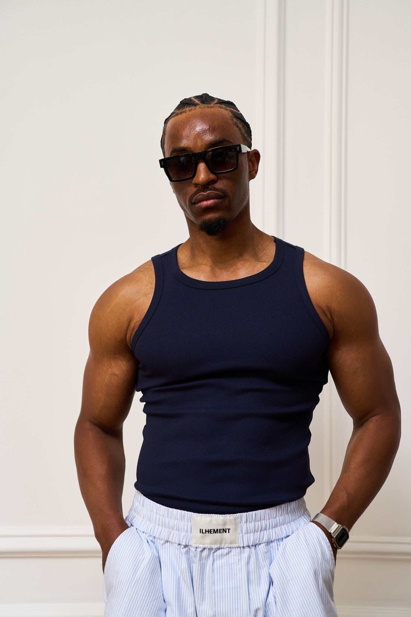 Close-up of a rib tanktop in stretch cotton blend with high-quality hems and clean neckline