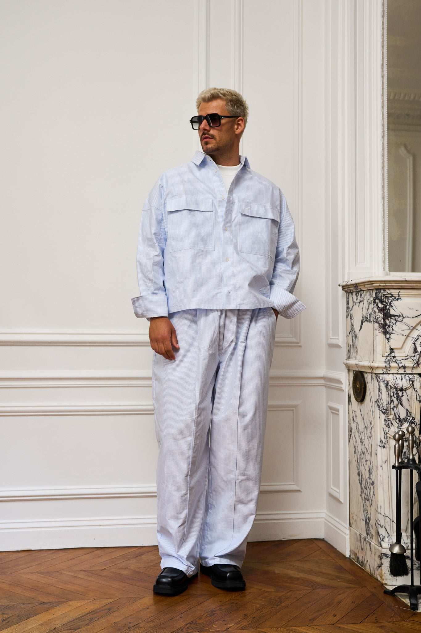 Set Long Oxford with long-sleeved shirt and wide-leg pleated trousers in organic cotton for calm, composed dressing