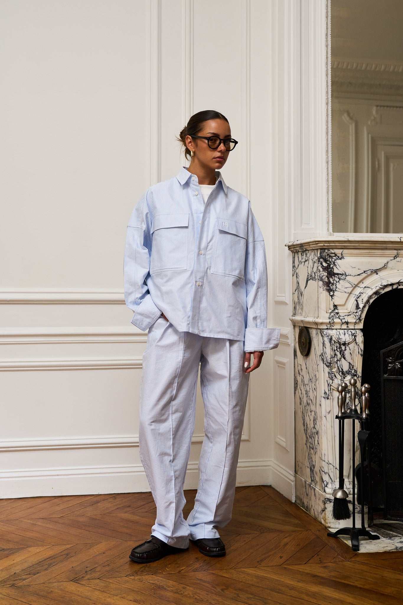 Set Long Oxford matching long-sleeved shirt and wide-leg pleated trousers in organic cotton for calm, composed dressing