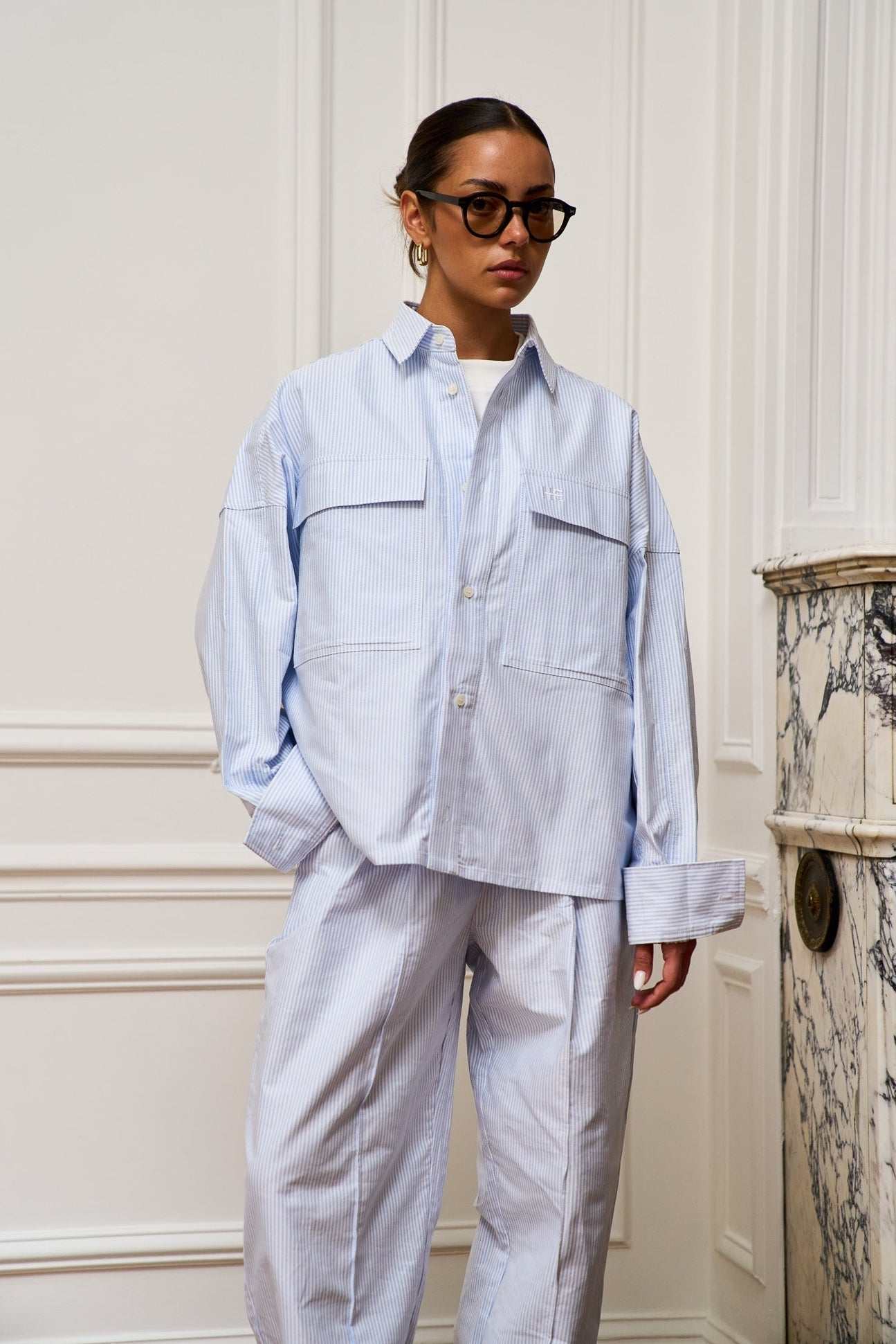 Oversized Oxford Shirt in striped organic cotton with soft structured drape