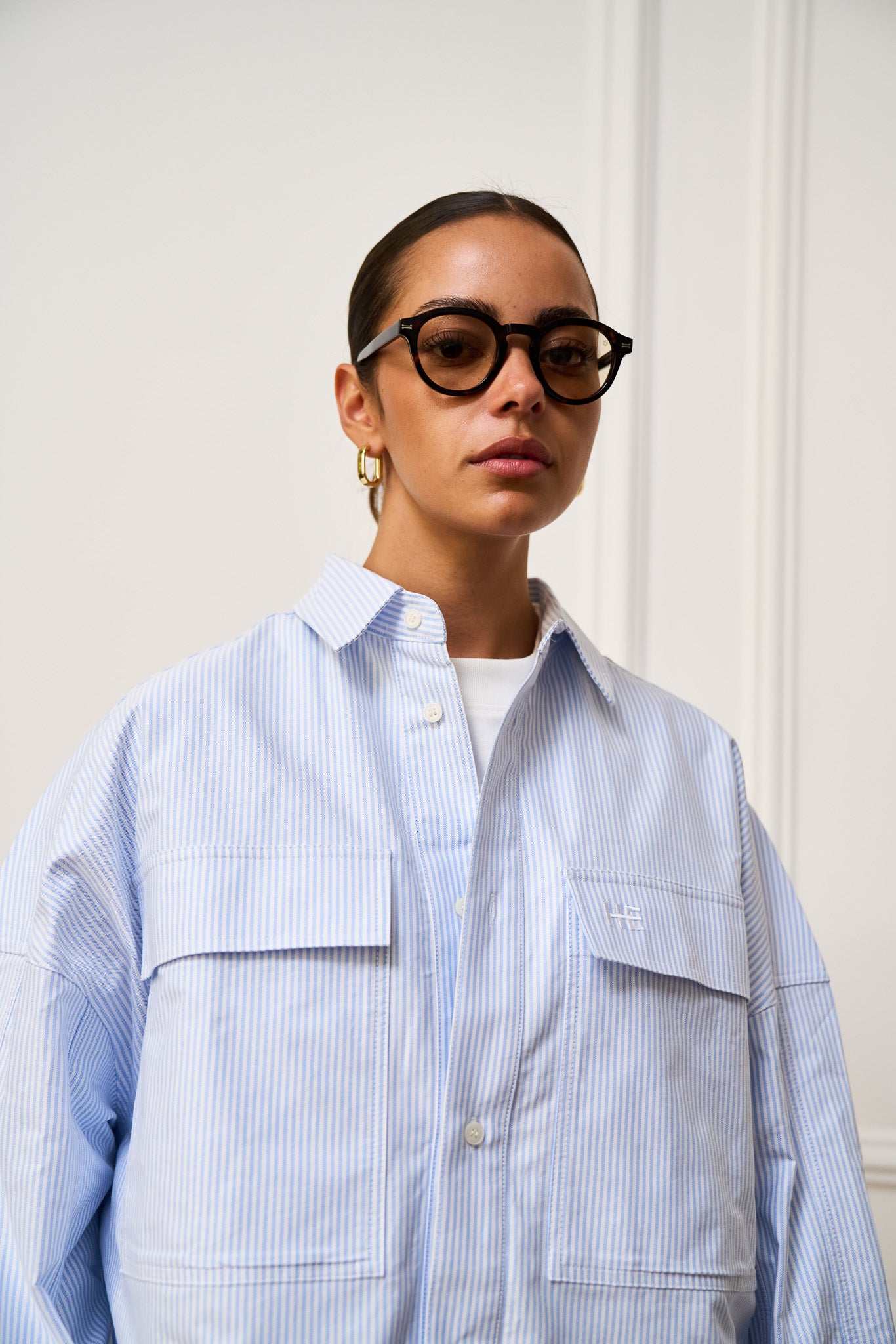 Oversized Oxford Shirt in striped organic cotton with subtle volume and structured drape