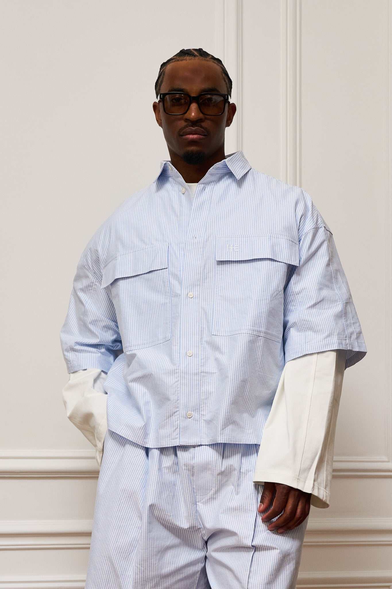 Oversized short sleeve striped organic cotton Oxford shirt with subtle structure and relaxed fit