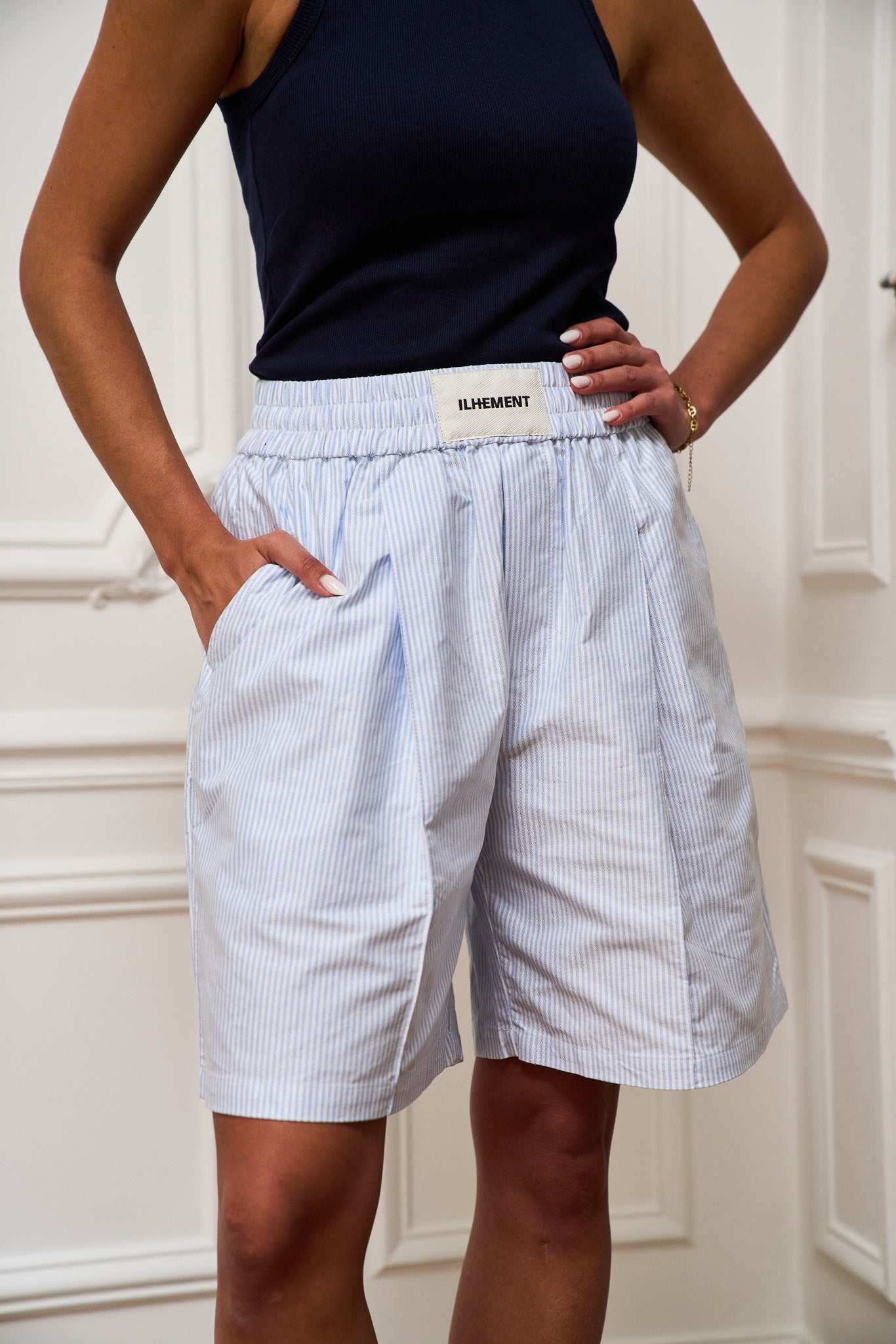 Soft blue-and-white striped pleated Oxford boxer shorts with flap pockets and tonal embroidery