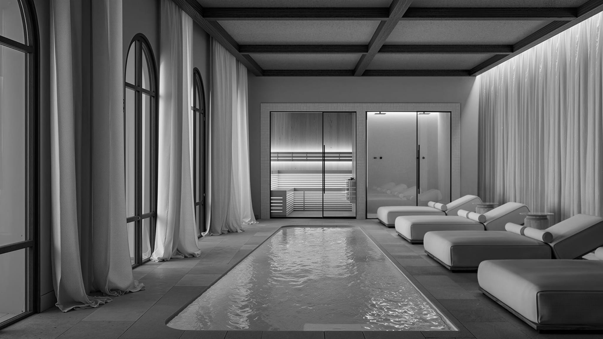 Landscape view of Gran Hotel Margalida’s infinity pool and terraced gardens overlooking the Mediterranean in Banyalbufar, Mallorca.