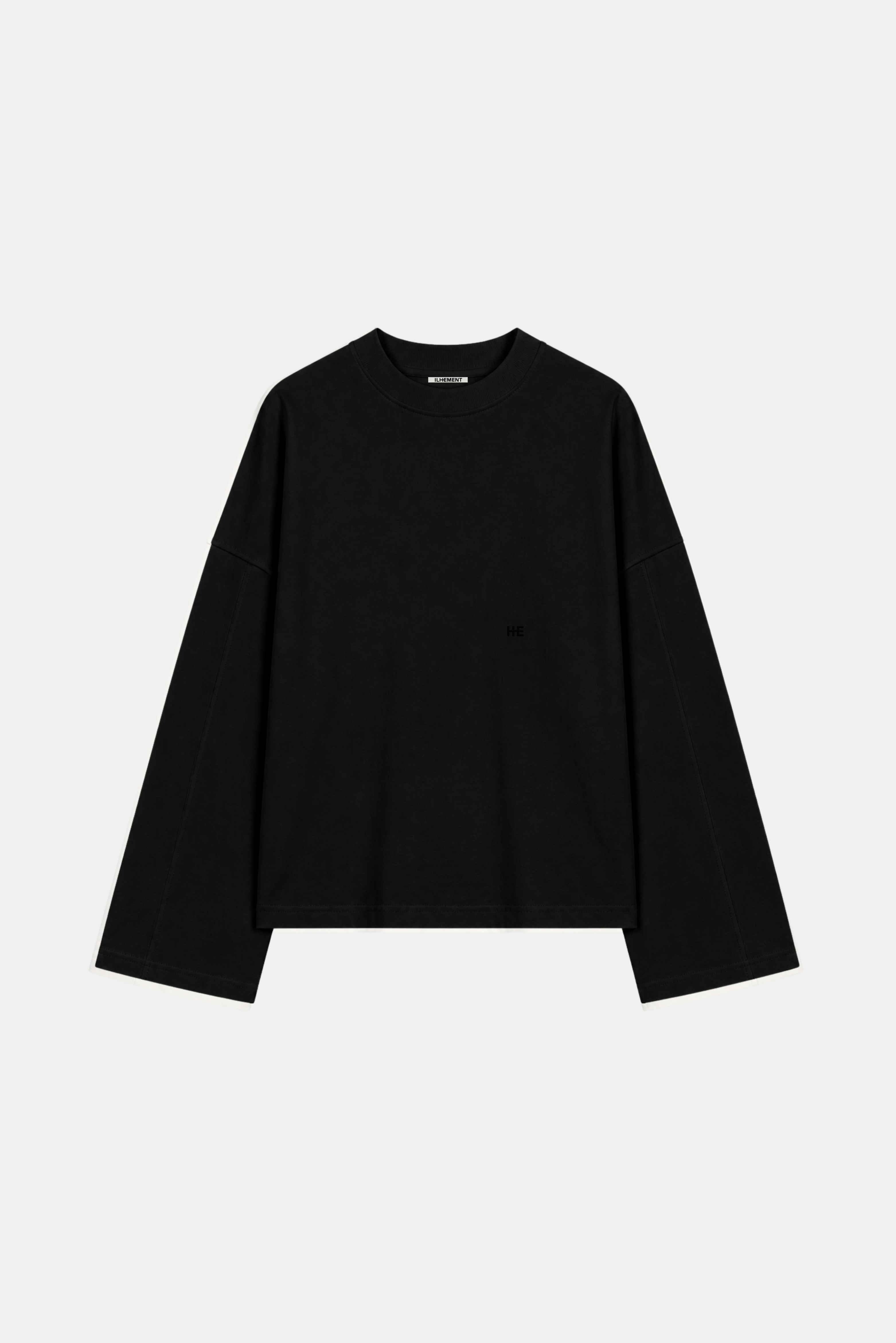 A black long-sleeve crewneck top with a relaxed, oversized fit, displayed flat against a light gray background.