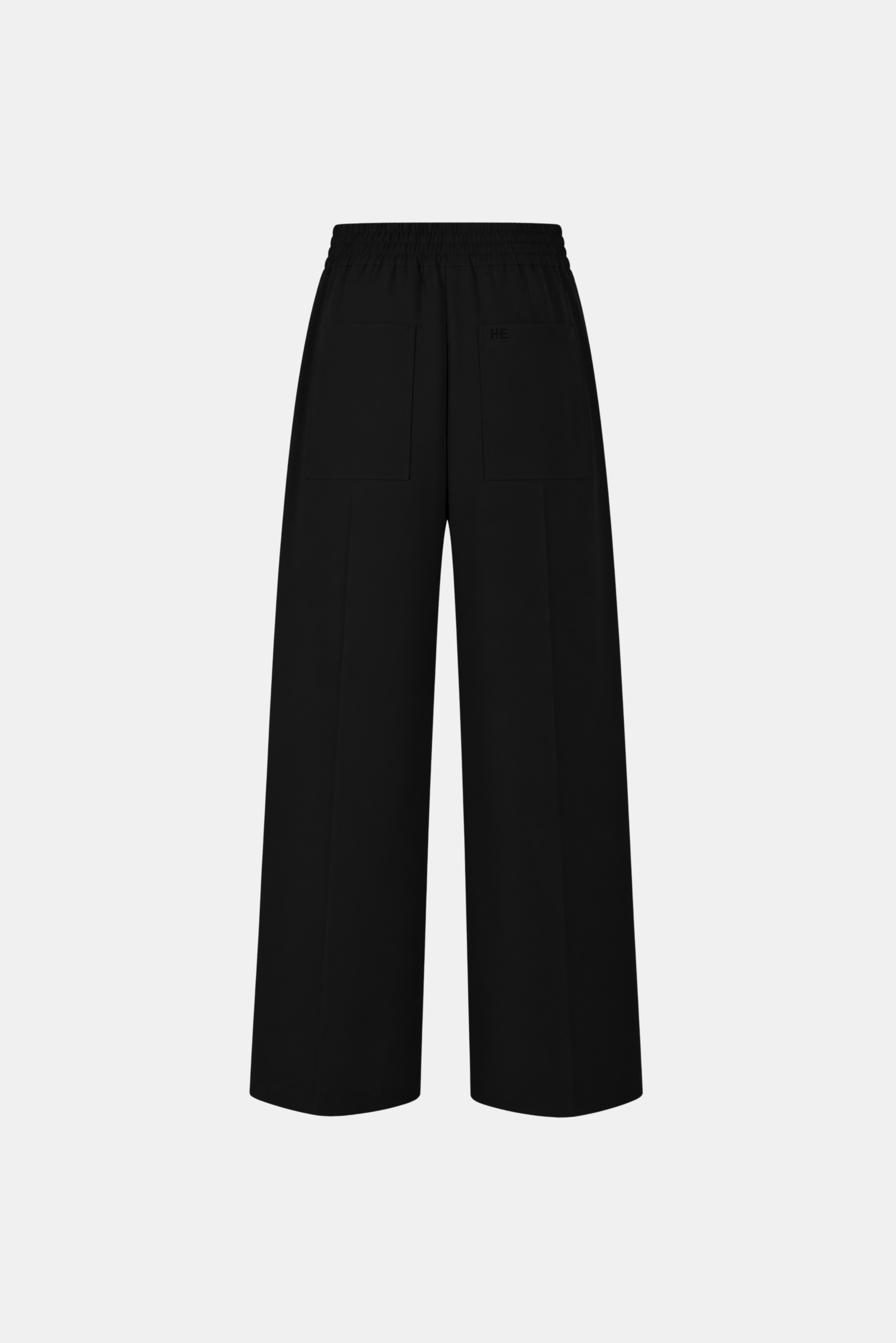 Black wide-leg cropped pants with an elastic waistband, shown flat against a light gray background.