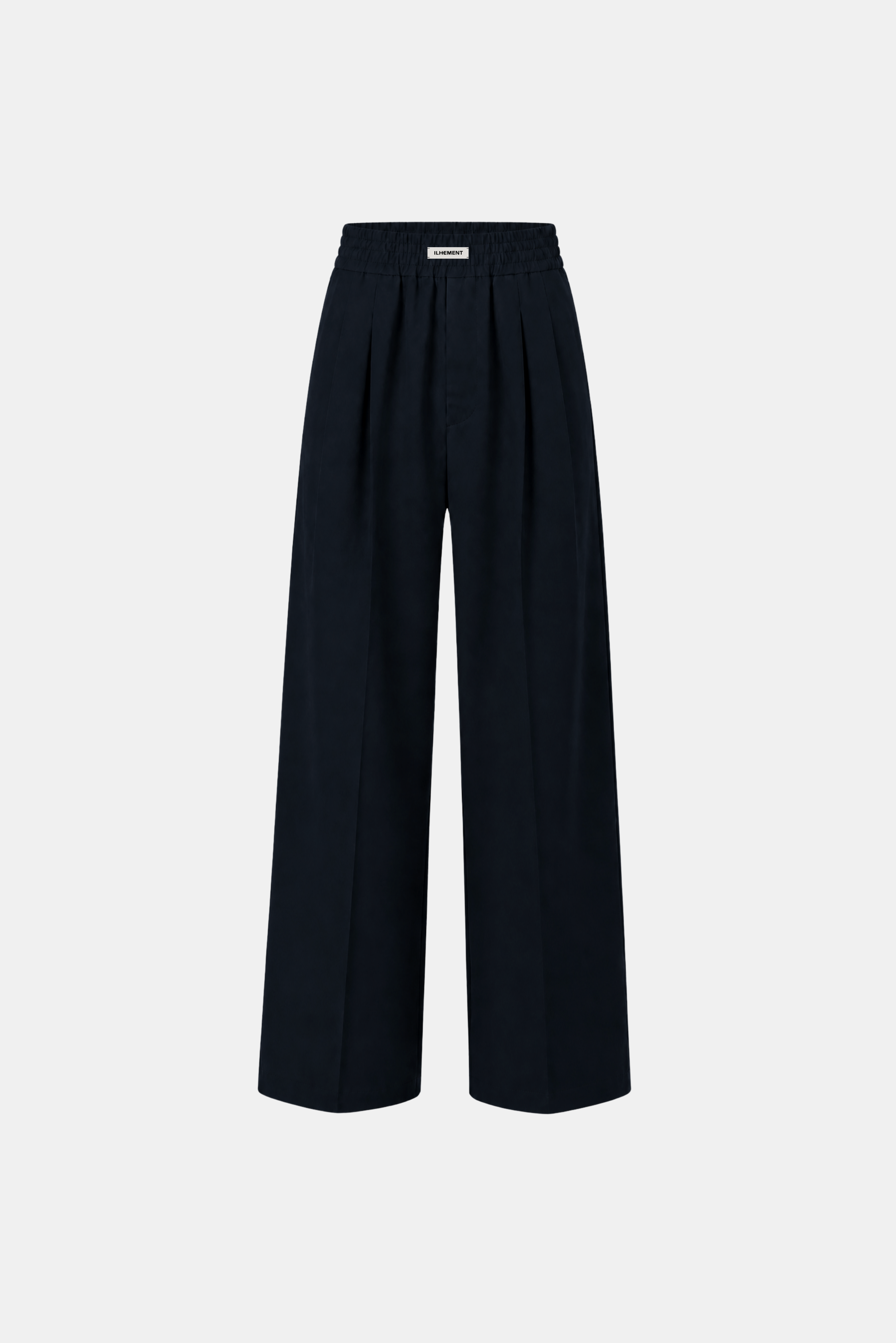 A pair of dark navy wide-leg trousers with a high-waisted, pleated front, shown against a plain light gray background.