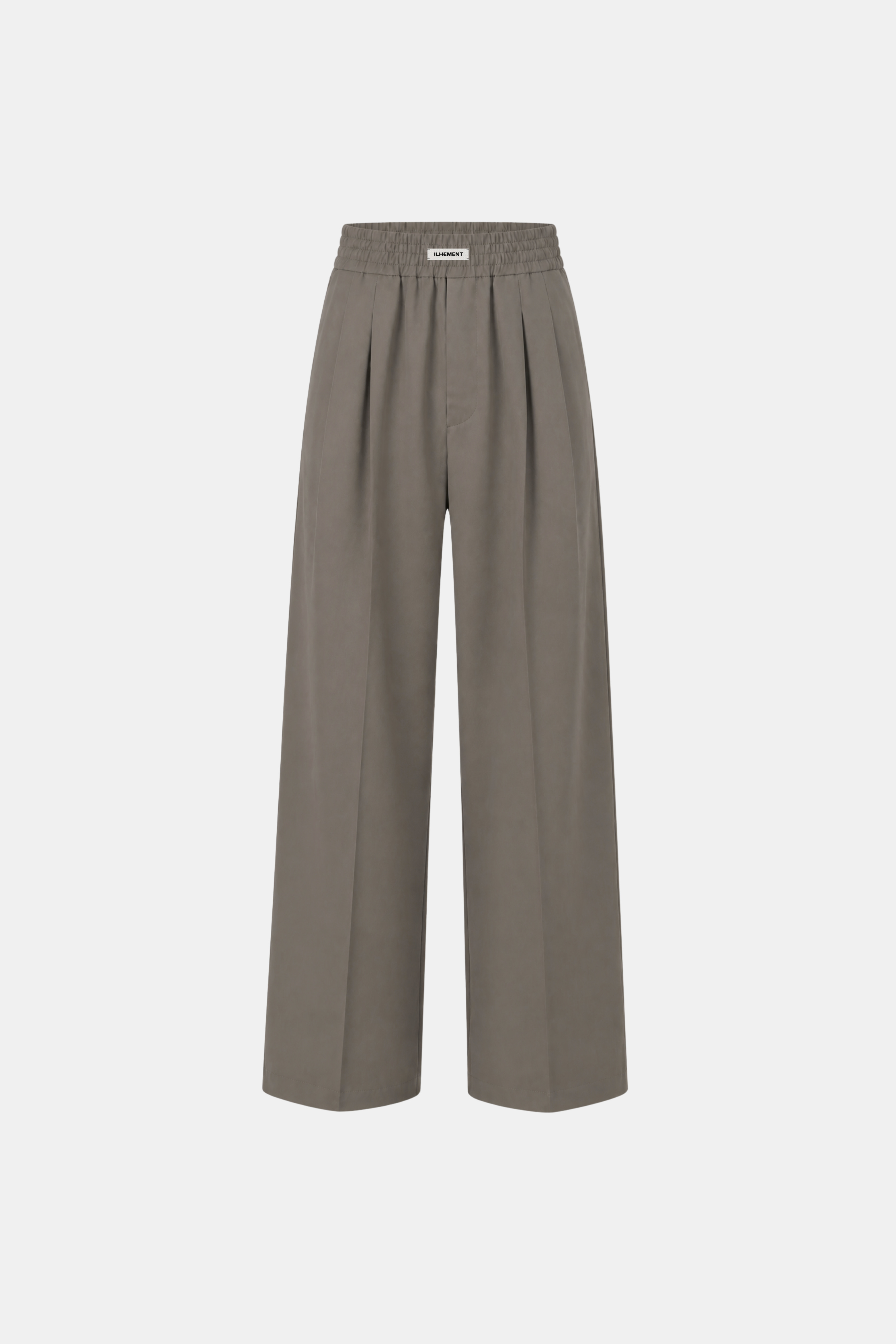 A pair of wide-leg cropped trousers in a muted taupe-gray color, featuring a pleated front and a small white brand label at the waistband, shown against a plain light gray background.