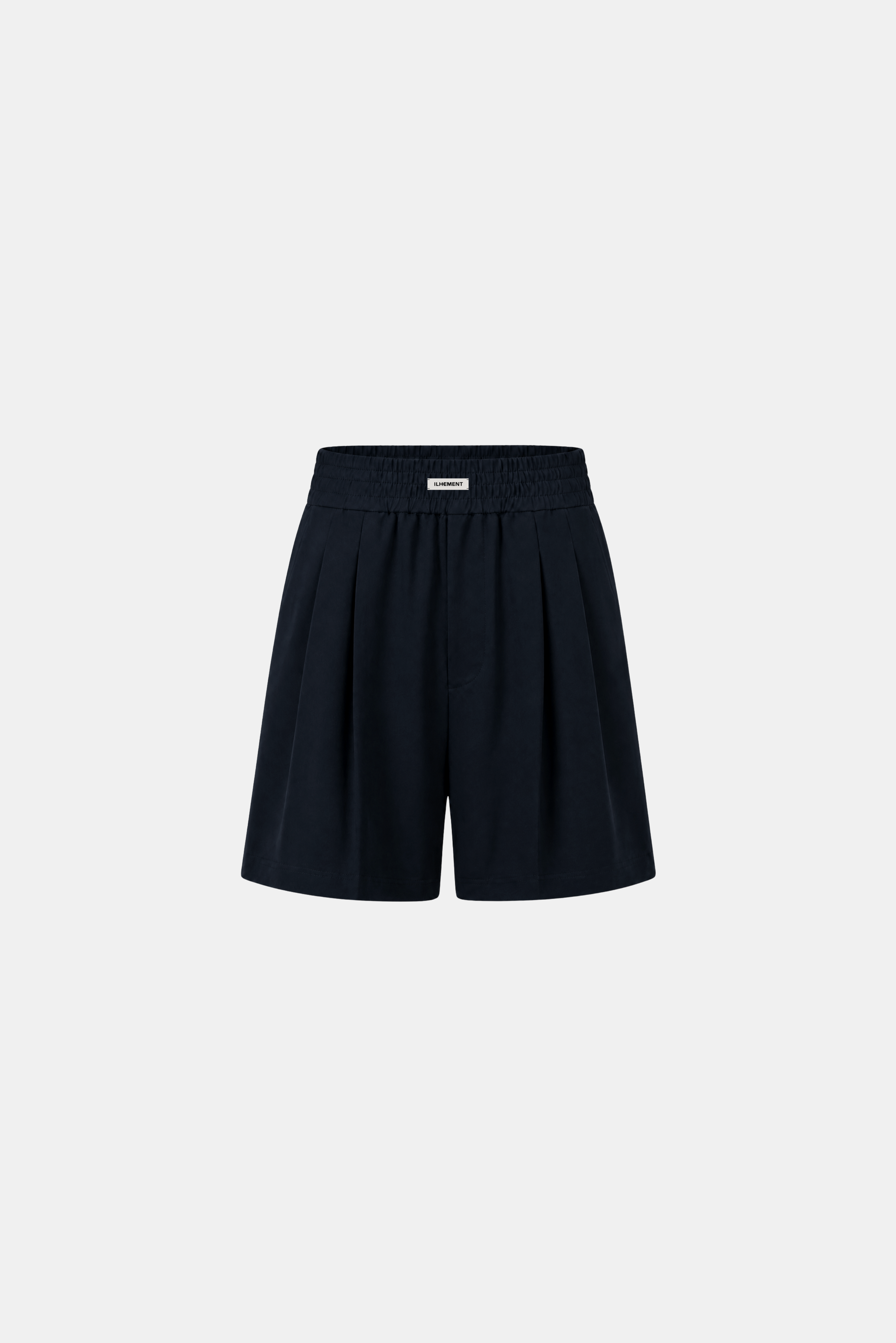 A pair of dark navy blue pleated shorts with an elastic waistband, shown flat against a light gray background.