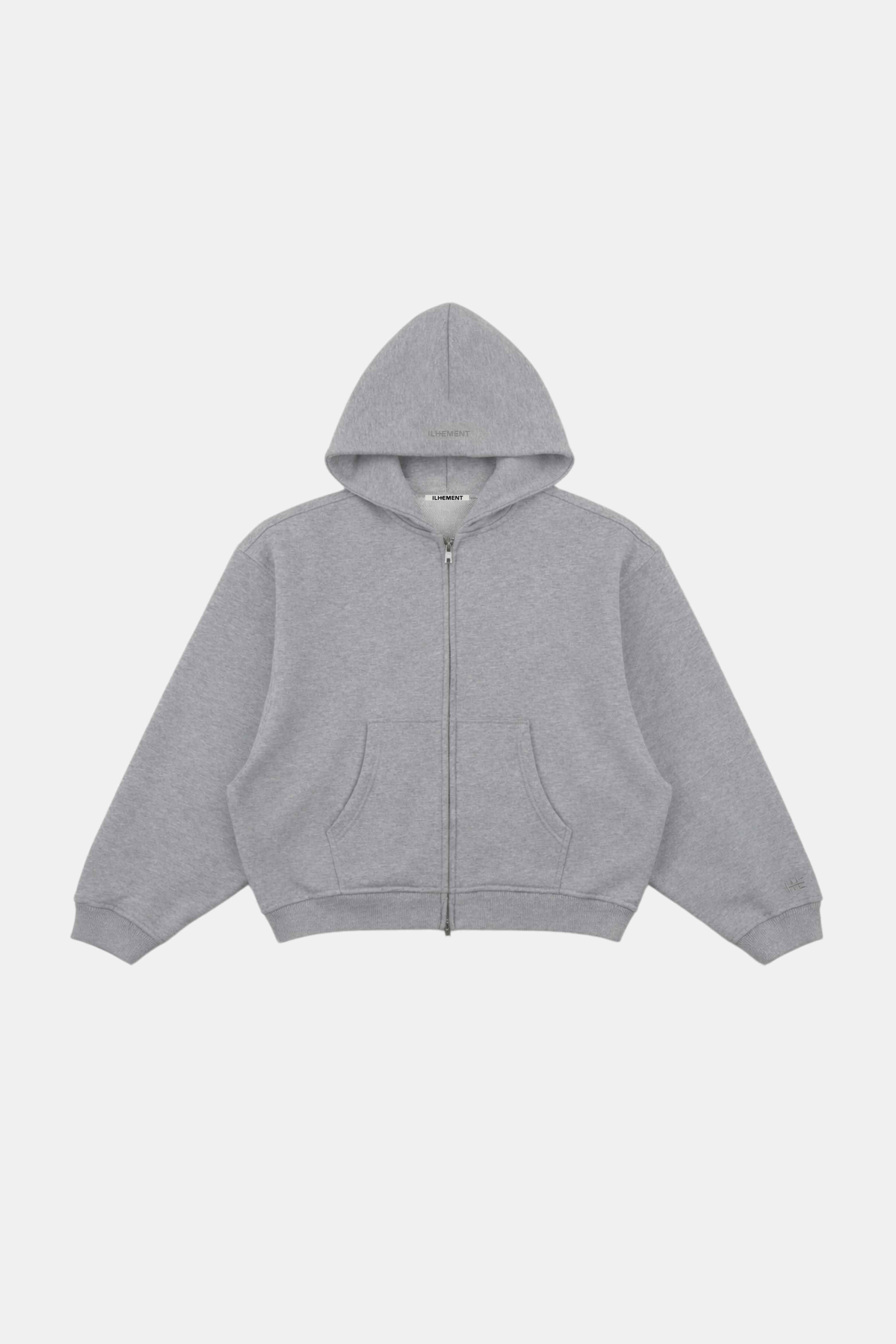 A light gray heather zip-up hoodie with a front zipper, hood, and split kangaroo pockets, tonal embroidery on the hood, displayed flat against a light gray background.